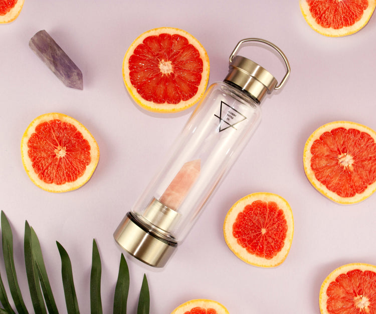 Rose quartz crystal water bottle Australia — love stone self-love healing crystal glass bottle by Alchemy Crystal Co