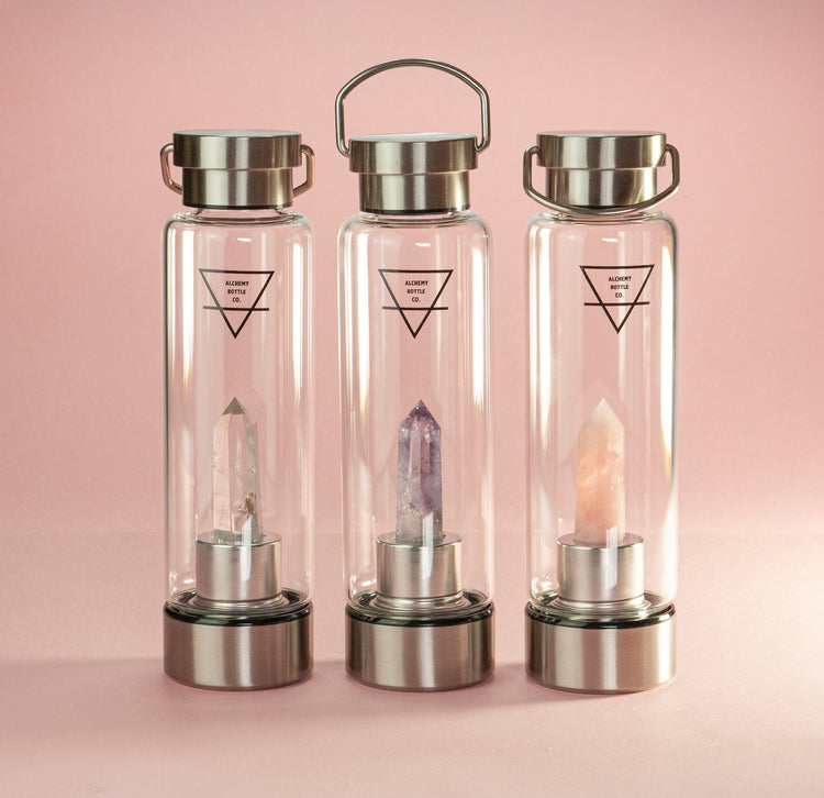 Crystal Infused Water Bottle Australia, Clear Quartz, Amethyst & Rose Quartz healing glass crystal water bottles