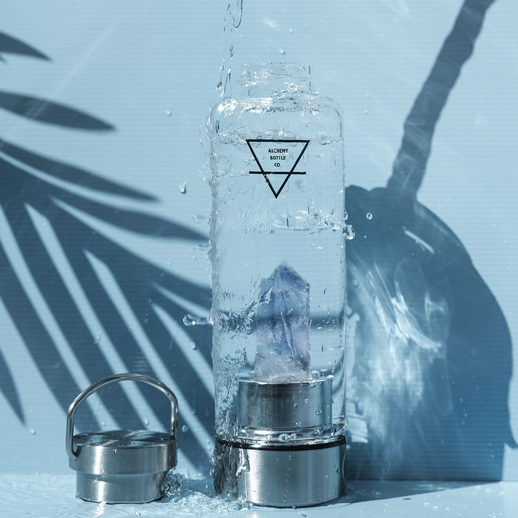 Amethyst crystal water bottle Australia — protector calming healing crystal glass bottle by Alchemy Crystal Co
