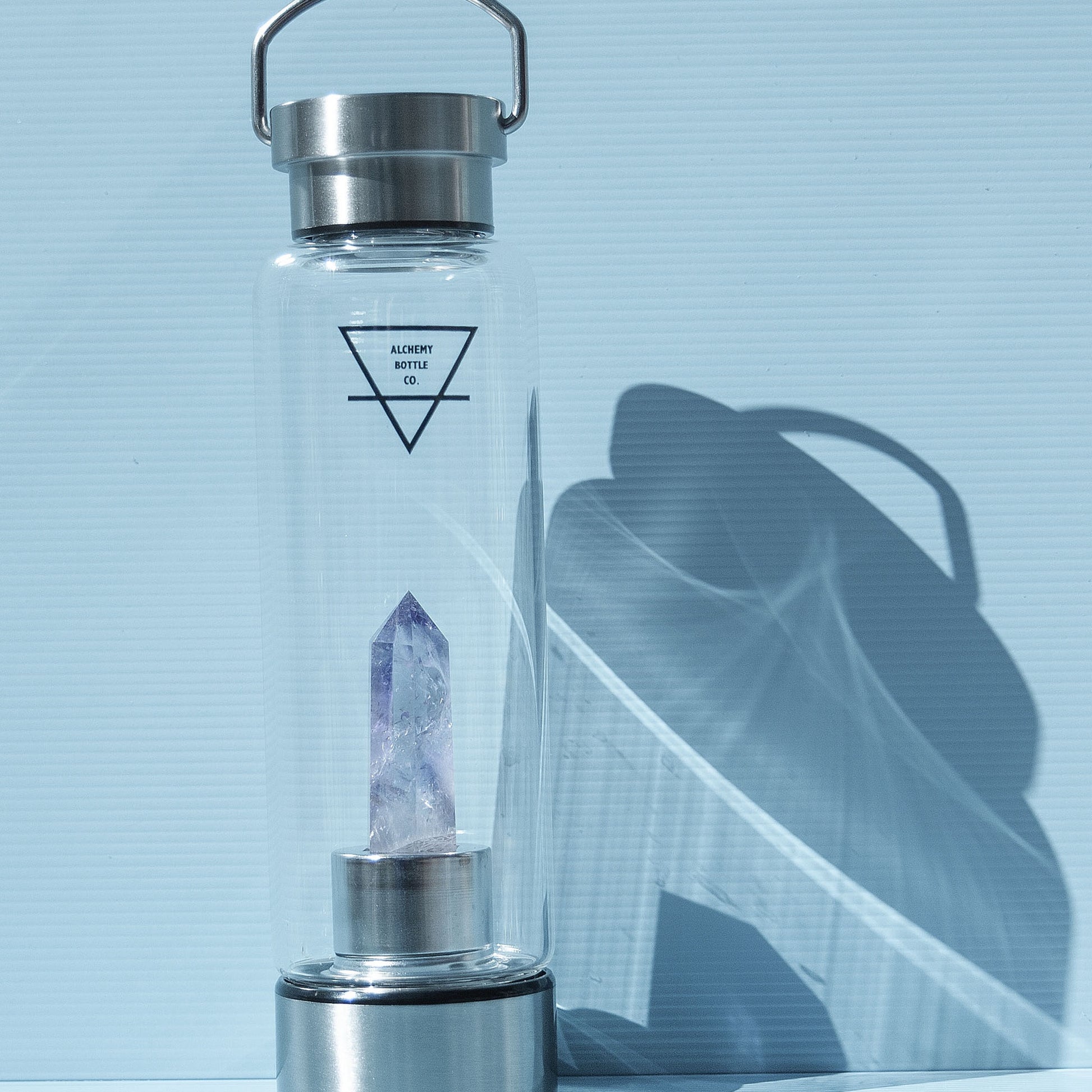 Genuine amethyst crystal inside glass water bottle - real AMETHYST healing gemstone protection water bottle Australia