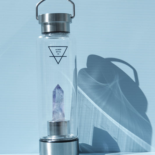 Genuine amethyst crystal inside glass water bottle - real AMETHYST healing gemstone protection water bottle Australia