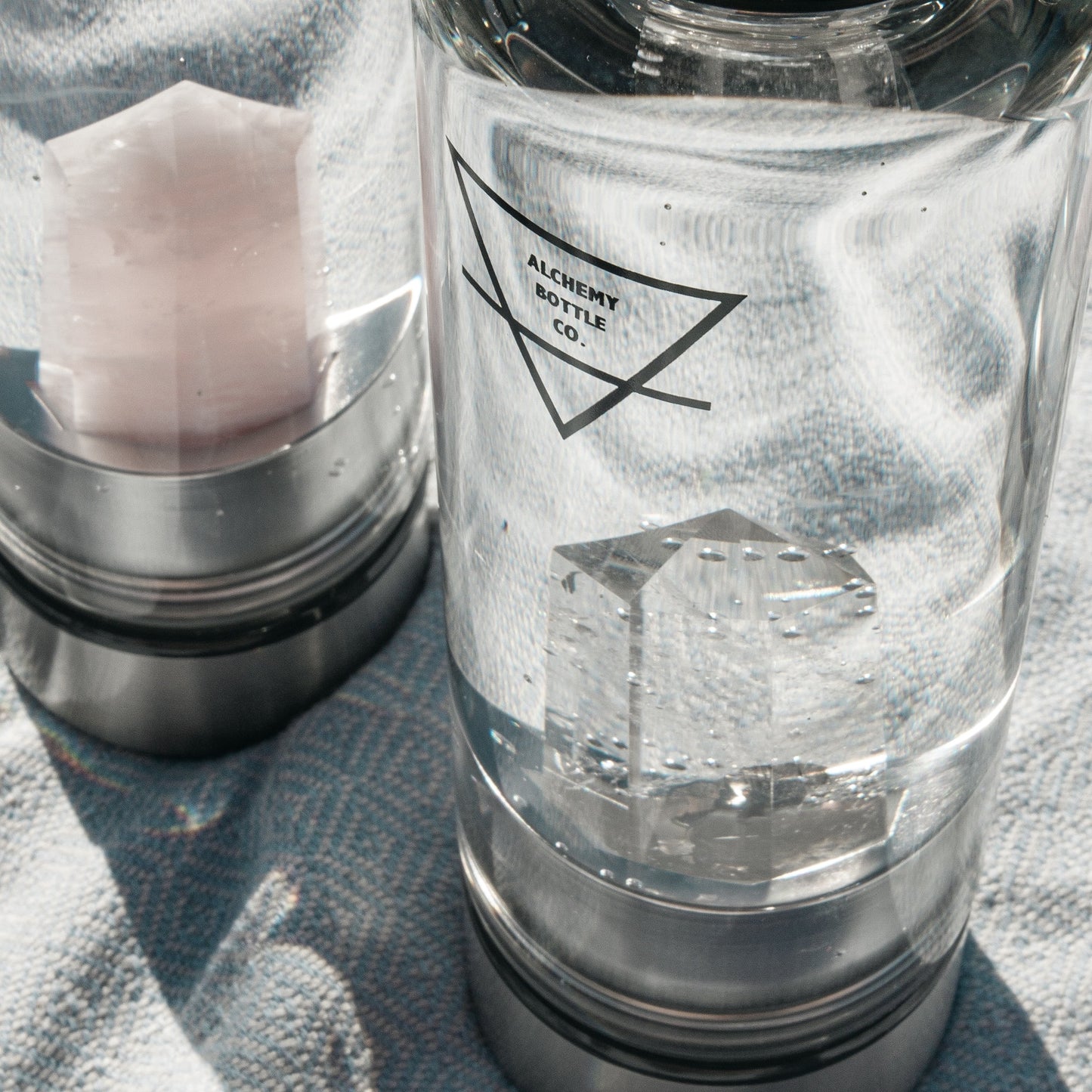 Genuine clear quartz crystal & Rose quartz inside glass water bottle - real healing gemstone infused water bottle Australia
