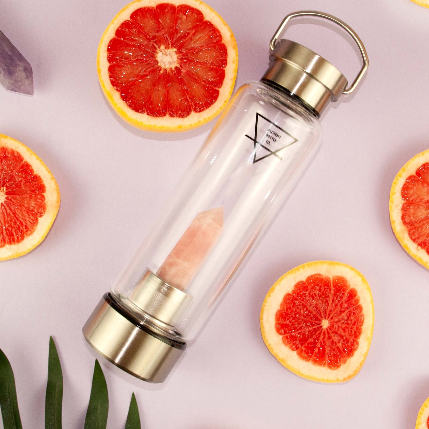Rose quartz crystal water bottle lifestyle — self-love emotional healing crystal bottle Australia Alchemy Crystal Co