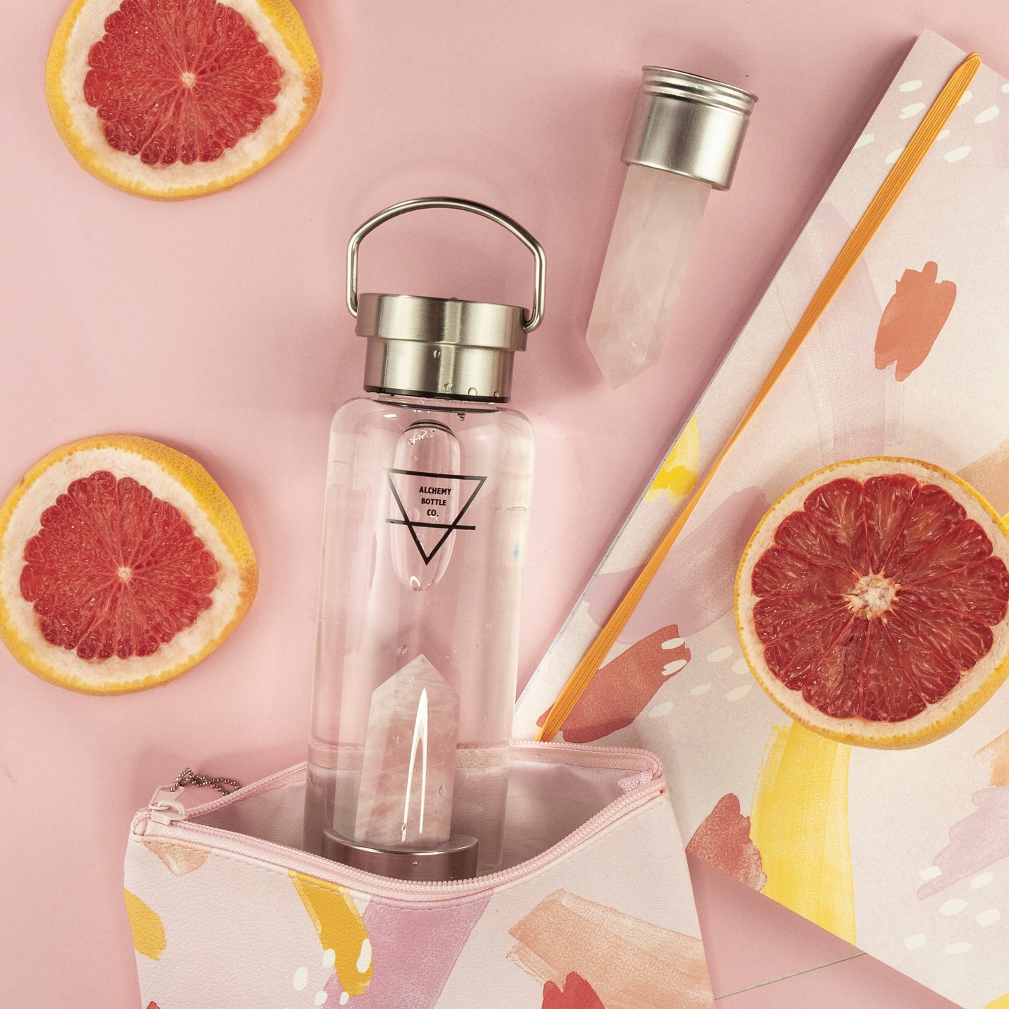 Rose Quartz Crystal water bottle - self love and healing.Sip with intention. Alchemy Crystal Co