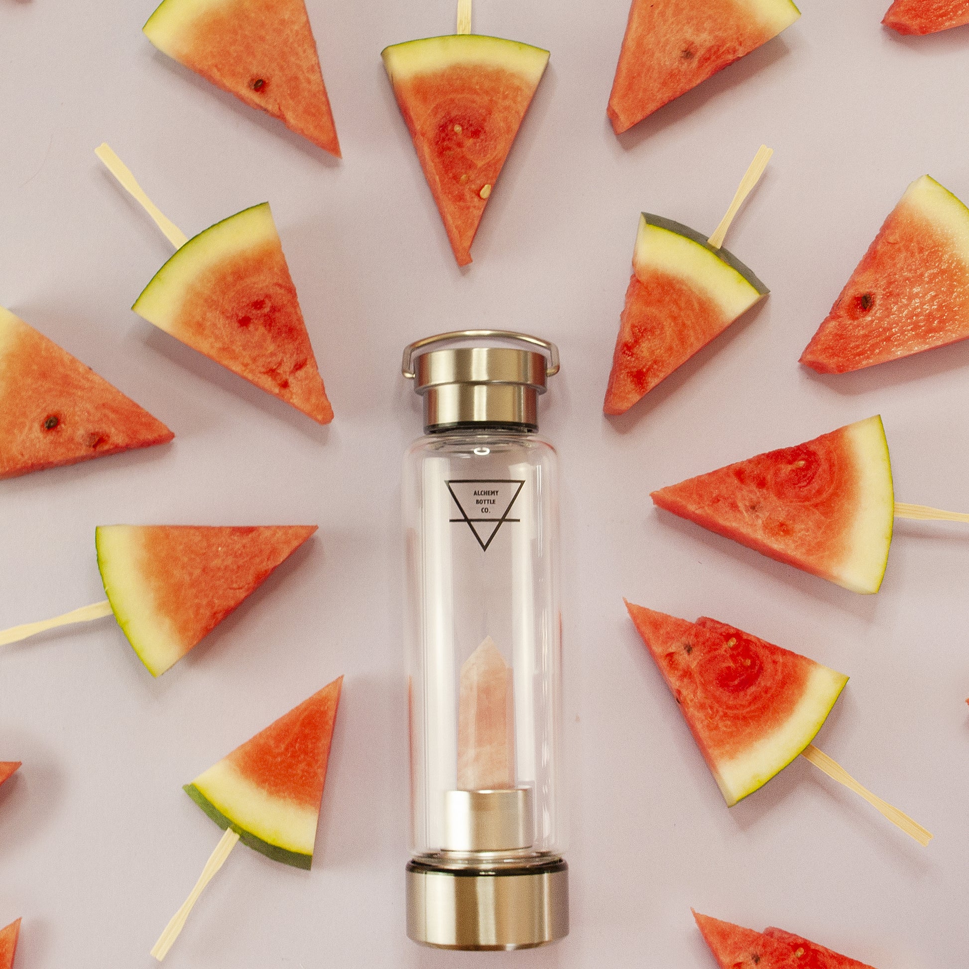 FUN SHOOT WITH ROSE QUARTZ BOTTLE  WITH WATERMELON 