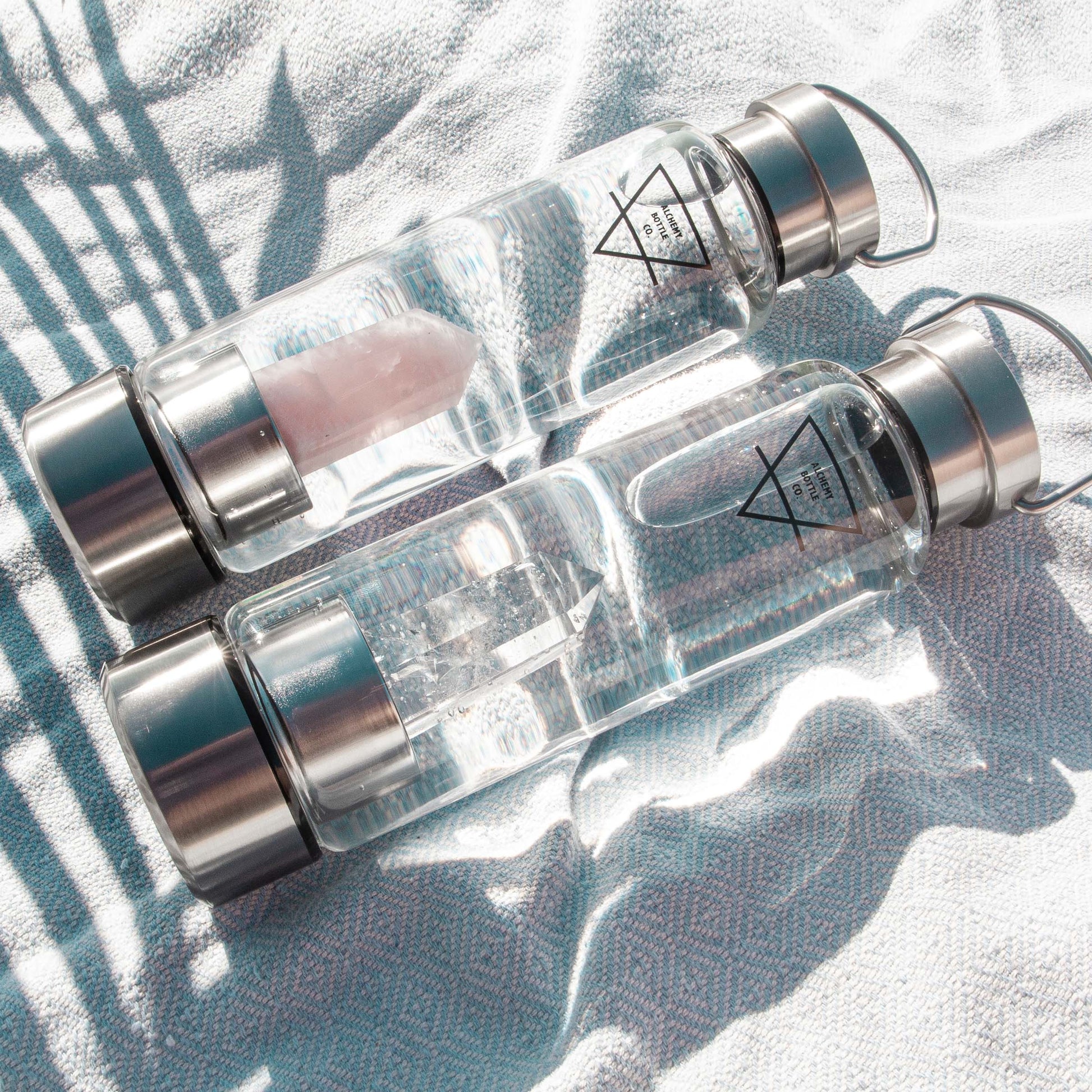 Rose Quartz & Clear Quartz crystal water bottle self love and clarity. Healing water 